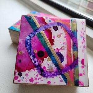 Abstract Resin Collage Art, Pink, Purple, Blue, Silver, Gold 4x4x1⅝" Wood Panel